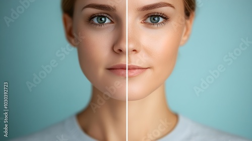 Close-up portrait showing the emotional journey of a person before and after weight loss, from sadness to confidence, High-Resolution, Soft Focus photo