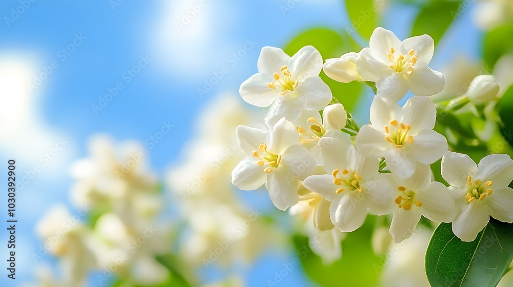 Delicate white jasmine flowers against a vibrant blue sky, captured in soft focus macro photography. The fresh, pure atmosphere embodies the beauty of spring blossoms. Delicate white jasmine flowers against a vibrant blue sky, captured in soft focus macro photography. The fresh, pure atmosphere embodies the beauty of spring blossoms.