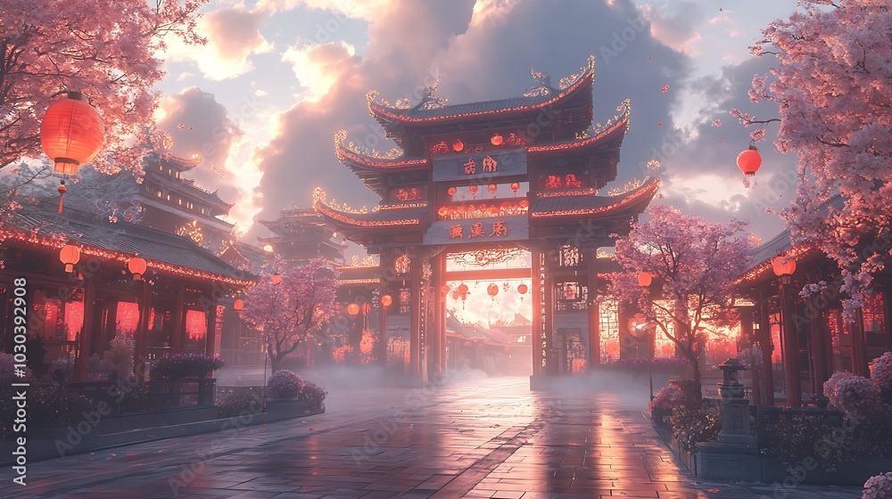Fototapeta premium A majestic traditional Chinese temple gate, intricately decorated with red paper-cut banners and glowing red lanterns, with swirling cloud motifs and delicate floral patterns,