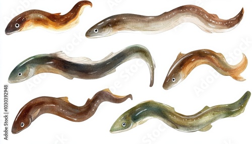 10 collection of eels, marine life element, watercolor painting, elongated bodies, soft brown and green tones, underwater movement, isolated on white background,