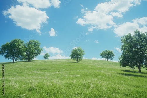 Serene Green Landscape Under Bright Blue Sky