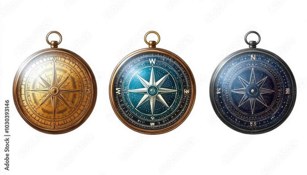 10 compass, navigation tool, detailed vector illustration, metallic finish, isolated on white background, 10 compass, navigation tool, detailed vector illustration, metallic finish, isolated on white background,