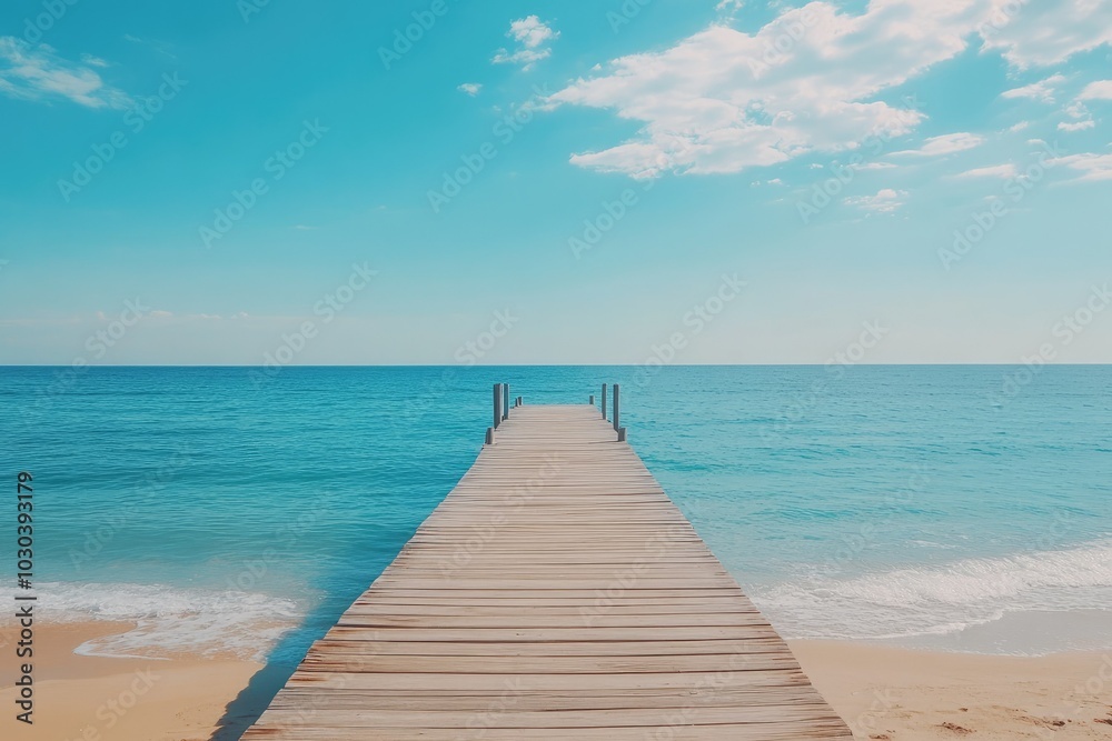 Serene Wooden Pier Extending Into Vibrant Blue Ocean Serene Wooden Pier Extending Into Vibrant Blue Ocean