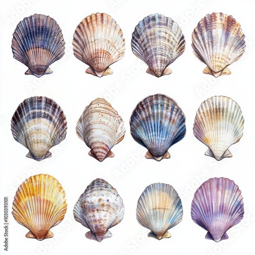10 collection of seashells, beach element, watercolor style, soft pastel tones, detailed textures, light reflections, isolated on white background,