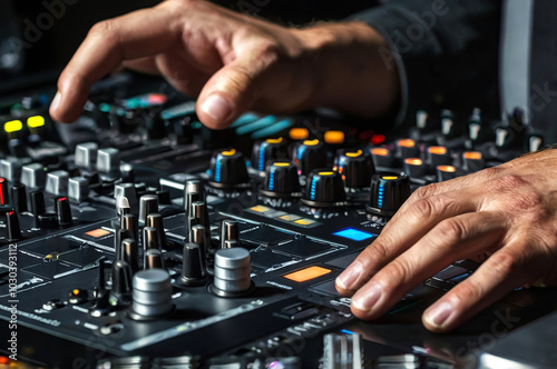 The hands of a man on a DJ console. Recording studio