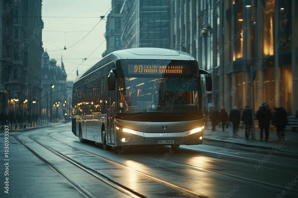 Fototapeta premium Sleek Modern Bus in Motion on Urban Street