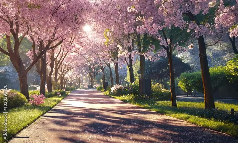 Pathway Through a Blooming Cherry Blossom Forest Pathway Through a Blooming Cherry Blossom Forest