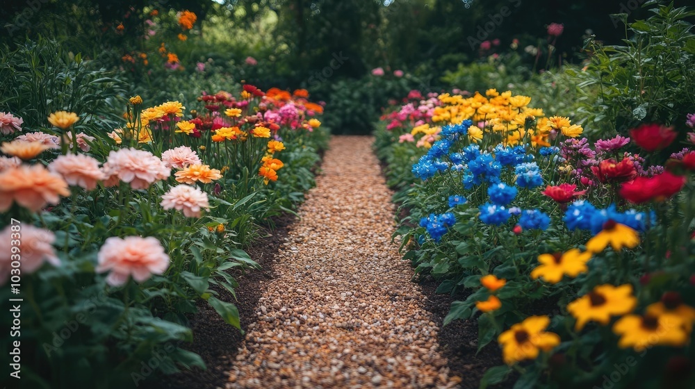 Obraz premium A pathway lined with colorful flowers, symbolizing a peaceful mental health journey