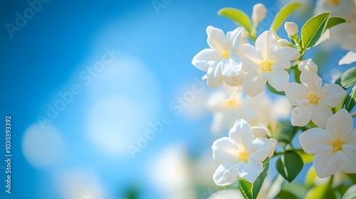 Delicate white jasmine flowers against a vibrant blue sky, captured in soft focus macro photography. The fresh, pure atmosphere embodies the beauty of spring blossoms.