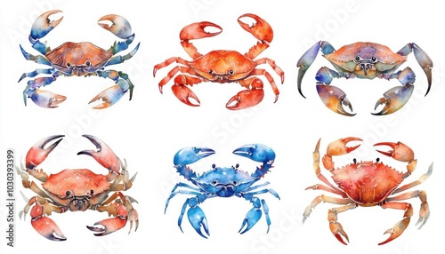 10 group of crabs, marine animal element, watercolor painting, red and blue crabs, soft textures, subtle shading, isolated on white background,