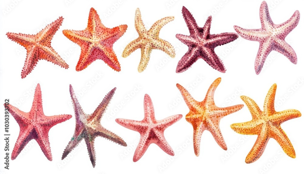 10 set of starfish, se10creature element, watercolor illustration, detailed textures, warm colors, soft brush strokes, isolated on white background, 10 set of starfish, se10creature element, watercolor illustration, detailed textures, warm colors, soft brush strokes, isolated on white background,