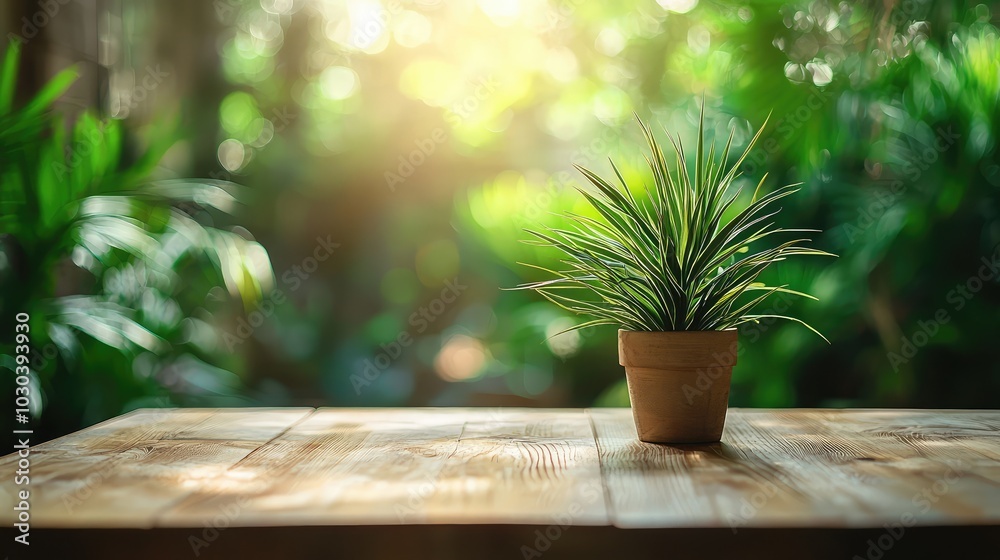 Close-Up of Wooden Table with Potted Plant Close-Up of Wooden Table with Potted Plant