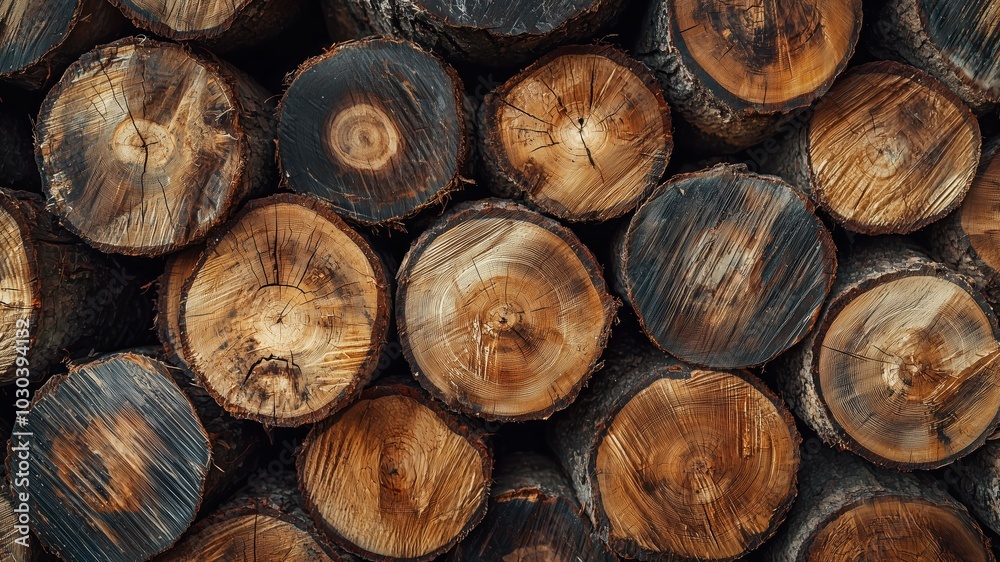 Stack of Cut Logs with Visible Growth Rings and Bark in Rustic and Natural Aesthetic Stack of Cut Logs with Visible Growth Rings and Bark in Rustic and Natural Aesthetic