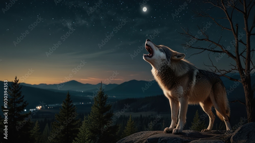 A lone wolf howls at the moon under a starry night sky, with a mountainous landscape in the distance. A lone wolf howls at the moon under a starry night sky, with a mountainous landscape in the distance.