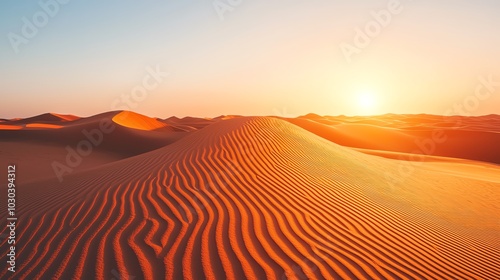 Golden sunlit desert dunes, lowangle wide shot, warm evening light casting long shadows, glowing horizon