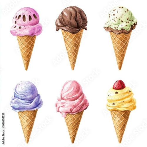 A collection of ice cream cones, frozen dessert, watercolor illustration, scoops of different flavors, waffle cones, soft light reflections, isolated on white background,