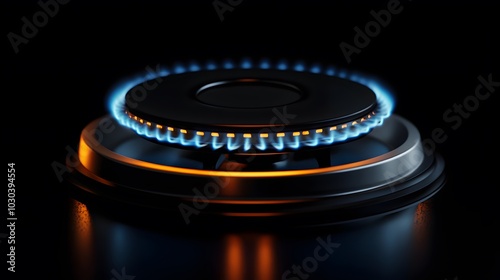 Close-up of a gas stove burner displaying both blue and orange flames against a black background. The detailed shot emphasizes the striking colors and textures.