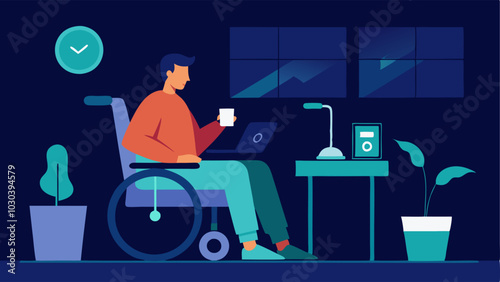 Voice Command Living Room A person in a wheelchair sitting in a cozy living room using a tablet to give a voice command to a smart speaker. The background shows smart lighting and