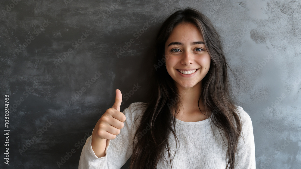 A girl with dark long hair smiling joyfully and giving a thumbs up against a gray wall A girl with dark long hair smiling joyfully and giving a thumbs up against a gray wall