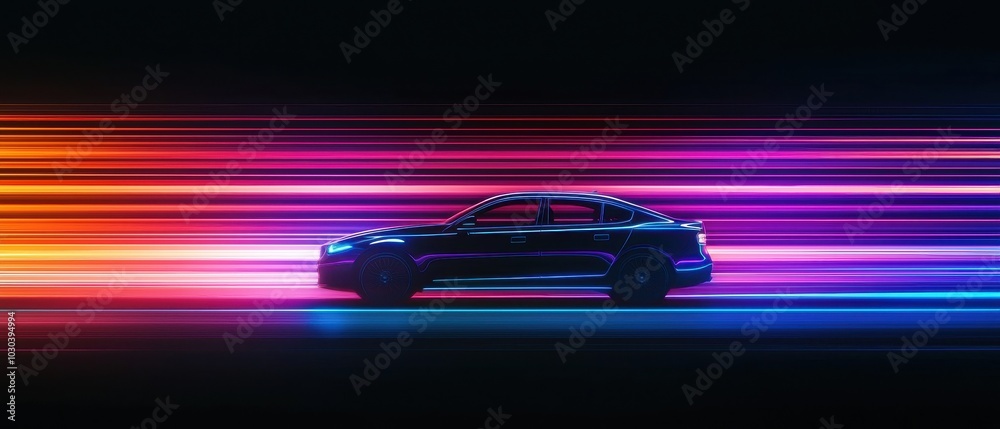 Speeding Silhouette Car On Neon Highway with colorful lights trails for sport background Speeding Silhouette Car On Neon Highway with colorful lights trails for sport background