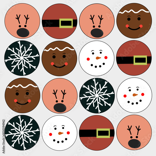 This festive pattern features delightful holiday-themed icons, including smiling snowmen, reindeer, gingerbread cookies, and snowflakes. It's perfect for celebrating the winter season!