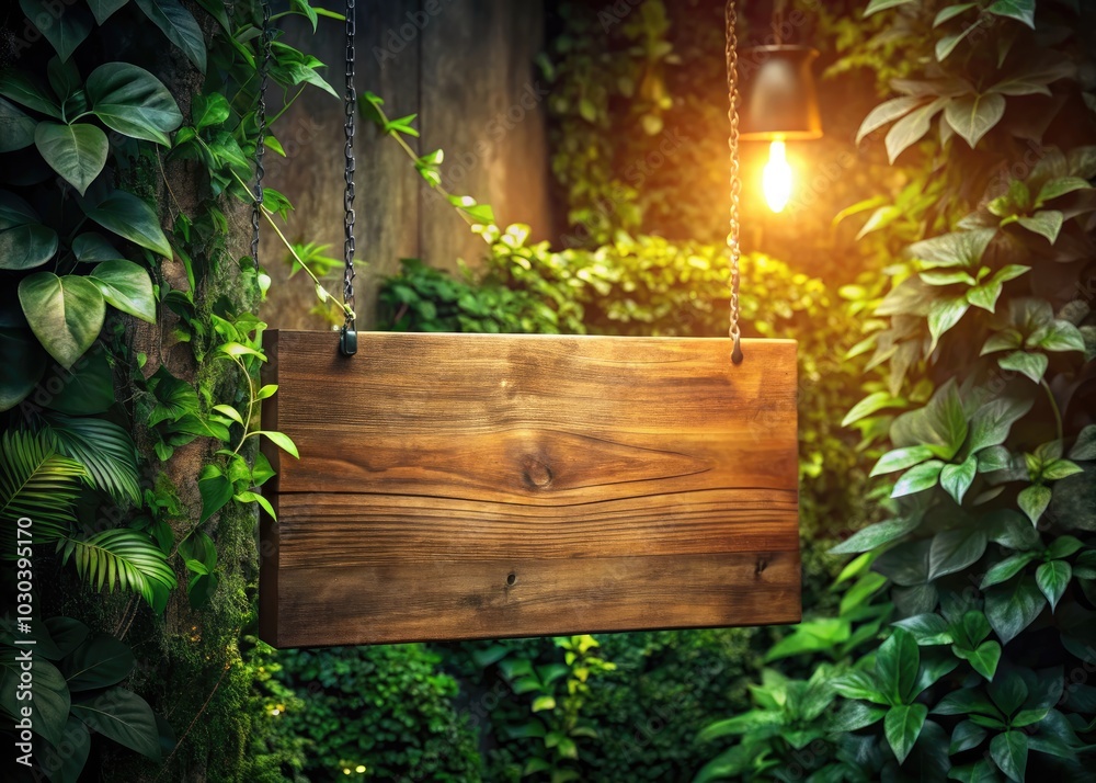In a dimly lit setting, a wooden signboard waits silently among vibrant green foliage, ideally suited for nature decor themes and creating a serene ambiance. In a dimly lit setting, a wooden signboard waits silently among vibrant green foliage, ideally suited for nature decor themes and creating a serene ambiance.