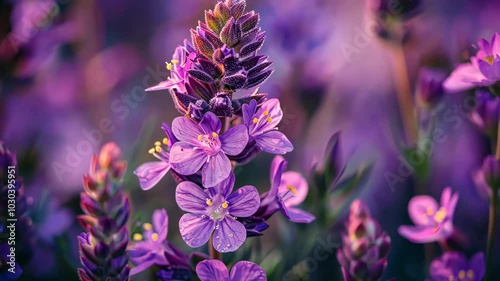 Purple flowers bloom in a field on a sunny day