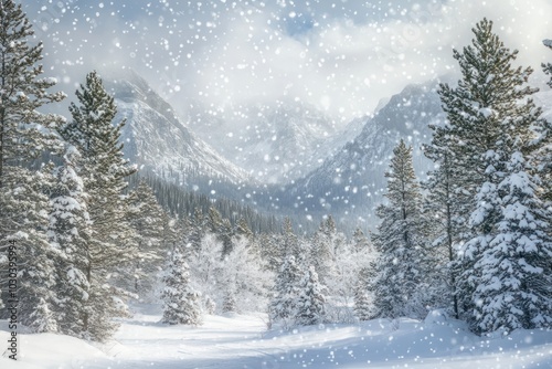 The snow-covered pine forest in the mountains is blanketed in a heavy white powder landscape nature winter. photo