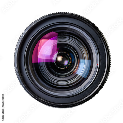 Professional camera lens with diaphragm blades reflecting pink light is isolated on white