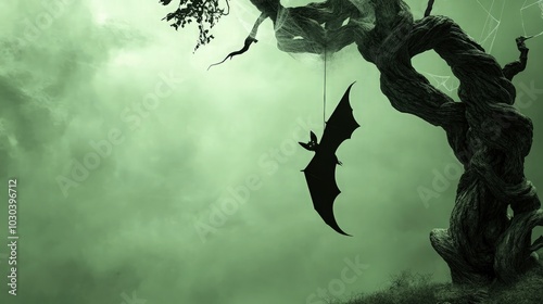 A stylized silhouette of a single bat hanging from an old twisted tree, with a misty green background and faint cobwebs to create a haunting yet atmospheric Halloween scene.