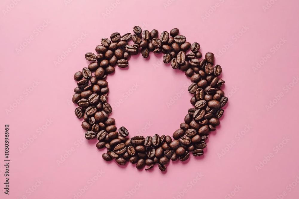 Artistic Arrangement of Coffee Beans on Pink Background Artistic Arrangement of Coffee Beans on Pink Background