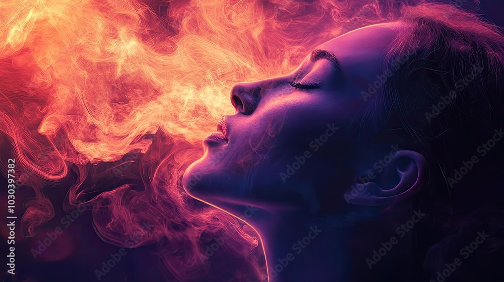A person practicing deep breathing, with swirling calm air around them A person practicing deep breathing, with swirling calm air around them