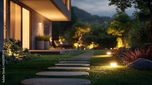 A modern garden pathway illuminated at night by sleek LED lights, leading to a contemporary house. The ambient lighting enhances the tranquil evening atmosphere and architectural details. photo
