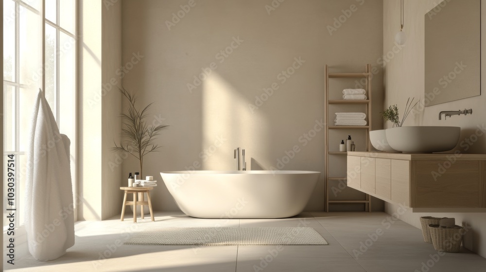 Modern Minimalist Bathroom with Natural Light and Soft Tones Modern Minimalist Bathroom with Natural Light and Soft Tones