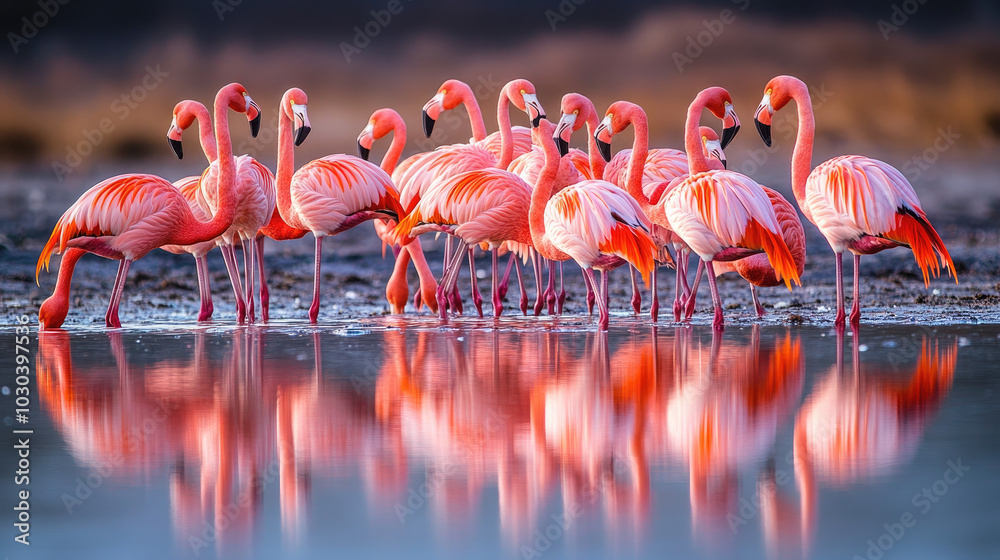 Obraz premium A group of American flamingos gathered at the edge of a lagoon, their pink feathers reflected in the still water as they feed.