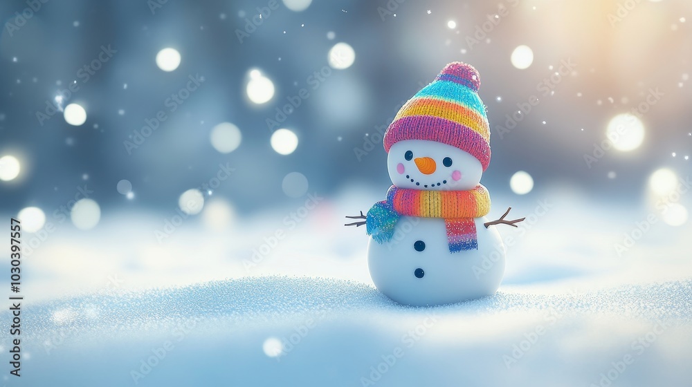 Fototapeta premium A snowman with a yellow scarf and a smile on his face