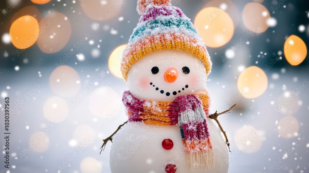 Fototapeta premium A snowman with a yellow scarf and a smile on his face