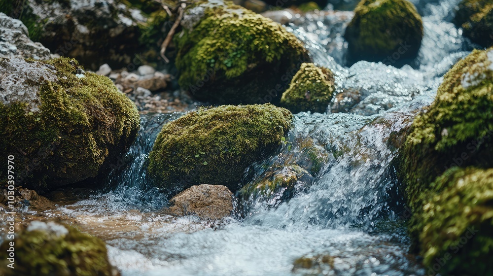 Moss-Covered Rocks by River in Mountain Setting Moss-Covered Rocks by River in Mountain Setting