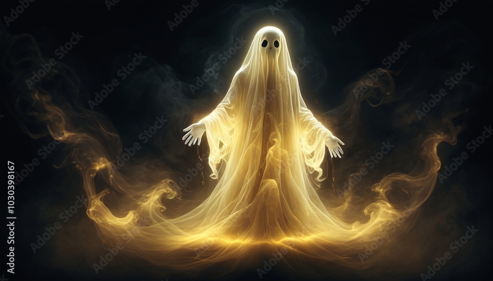 A glowing ghost made of swirling golden mist floats eerily in a dark, shadowy atmosphere, radiating an ethereal and mysterious presence, Generative AI A glowing ghost made of swirling golden mist floats eerily in a dark, shadowy atmosphere, radiating an ethereal and mysterious presence, Generative AI