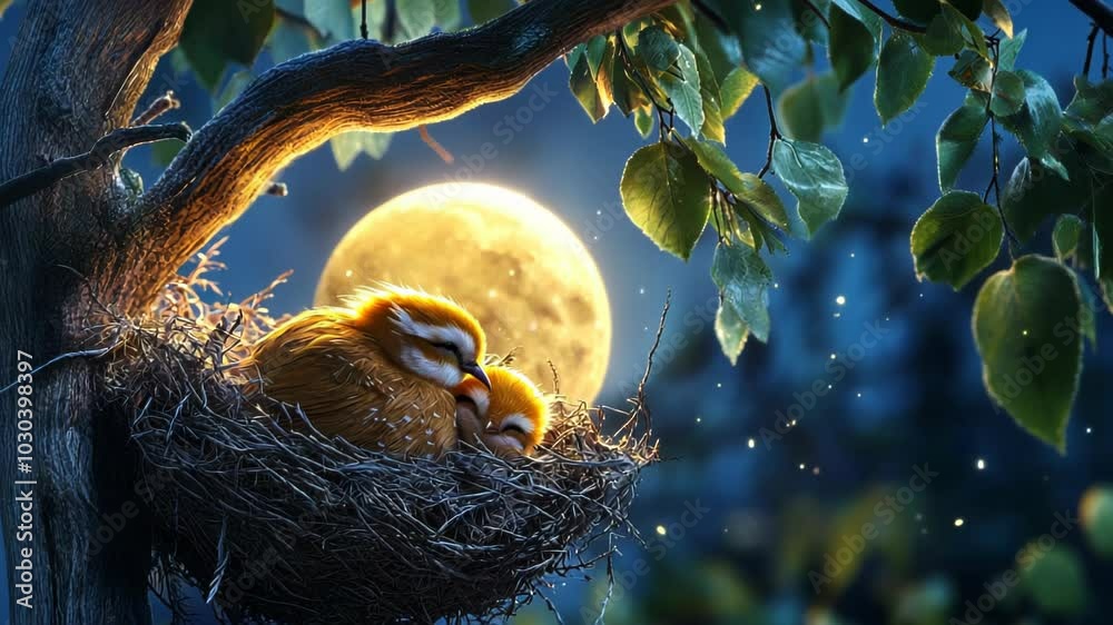 Two fluffy birds nestled together in a cozy nest under a glowing moonlight.