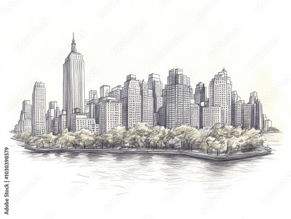 Fototapeta premium Hand-drawn sketch of New York City skyline with Central Park