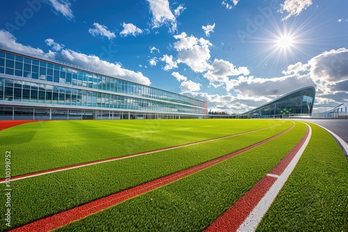 modern sports complex with red running track and green grass field, blue sky with clouds, modern architecture building in the background,