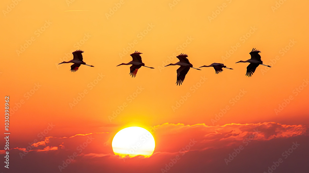 A group of storks flying across the horizon during a sunset, with their long wings spread wide, capturing the elegance of migratory flight. A group of storks flying across the horizon during a sunset, with their long wings spread wide, capturing the elegance of migratory flight.