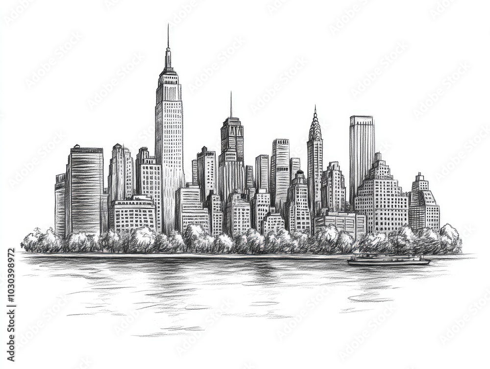 Fototapeta premium Hand-drawn sketch of New York City skyline with Central Park
