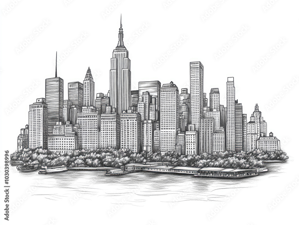 Hand-drawn sketch of New York City skyline with Central Park Hand-drawn sketch of New York City skyline with Central Park