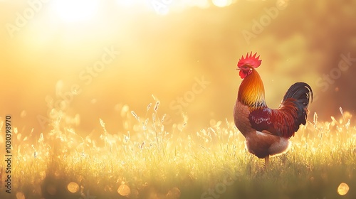 A rooster standing in a sunlit grass field, radiating vibrancy and brightness. The image captures the essence of nature with ample space for text additions.