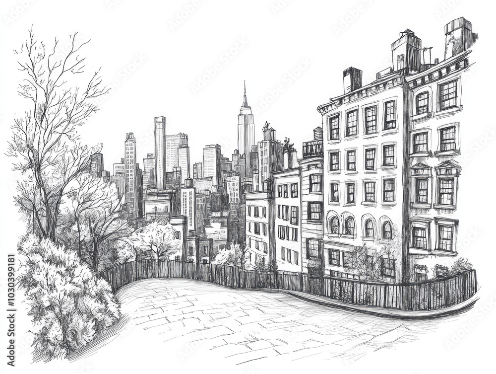 Obraz premium Hand-drawn sketch of New York City skyline with Central Park