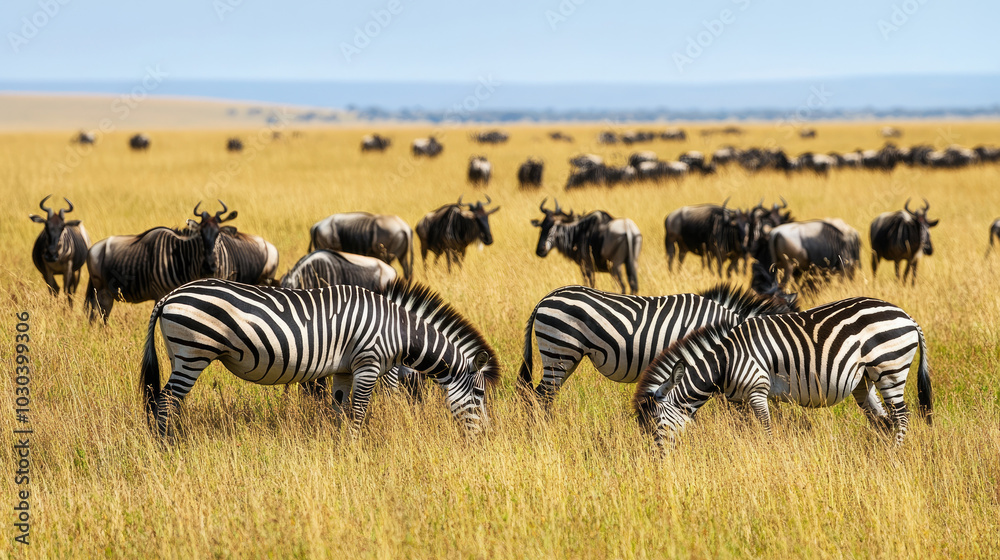 Obraz premium A group of zebras and wildebeests grazing together on the plains of South Africa, showcasing the harmony of wildlife in the natural habitat.