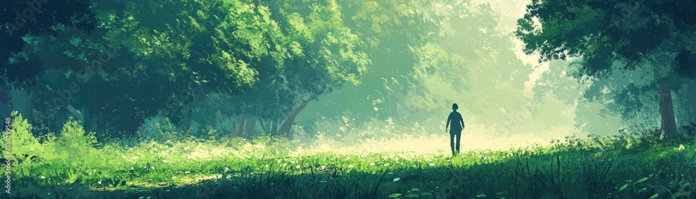 A person taking a peaceful walk through nature, feeling grounded and at ease A person taking a peaceful walk through nature, feeling grounded and at ease