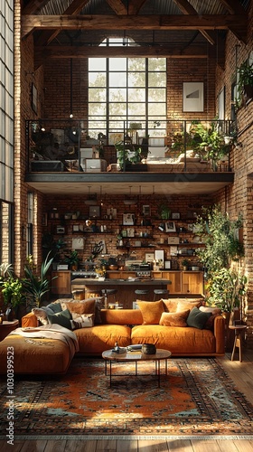 A spacious and inviting loft apartment with a large orange sectional sofa and a rustic wooden floor.